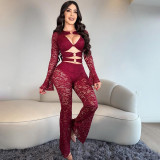 Lace Hollow Out Flare Sleeve Jumpsuit GSLF-K25S86738