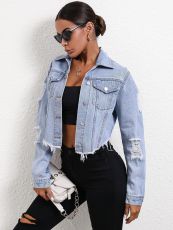 Loose Holes Long Sleeve Short Denim Jackets GYXN-35705