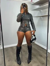 Retro Zipper Short Sleeve Two Piece Shorts Set XMCS-1007