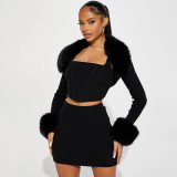 Long Sleeve Patchwork Furrzy Neck Three Piece Skirt Set GSLF-K25S85367