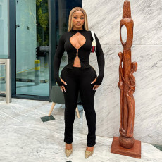 Hollow Out Zipper Tops Two Piece Pants Set GSLF-K25S84204