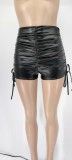 PU Leather Casual Drawstring Shorts GYOM-8823
