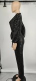 Sequin Deep V Neck Tie Up Jumpsuit GYOM-8794
