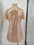 V Neck Short Sleeve Sequin Casual Dress GYOM-8885