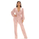 Sequin Deep V Neck Tie Up Jumpsuit GYOM-8794