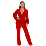 Sequin Deep V Neck Tie Up Jumpsuit GYOM-8794