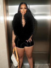 Fur Deep V Neck Halterneck Romper CH-25026