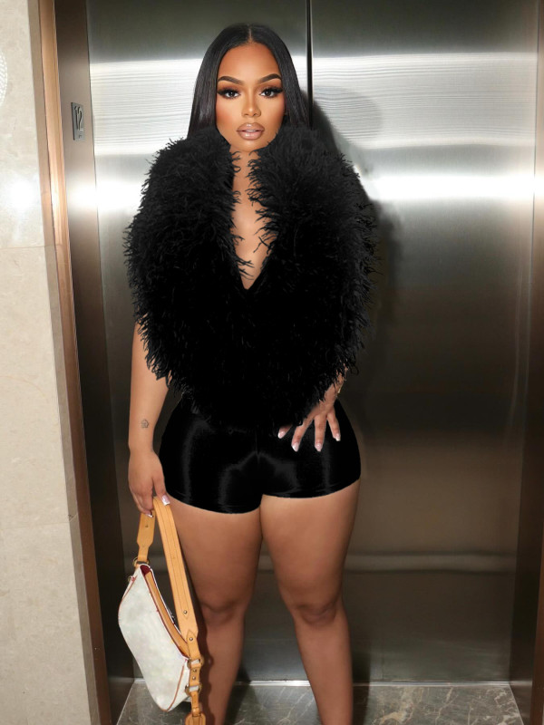 Fur Deep V Neck Halterneck Romper CH-25026
