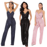 Sequin Sling V Neck Tie Up Jumpsuit GYOM-8817