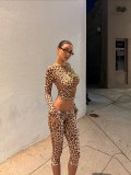 Leopard Print Long Sleeve Tops Seven-Tenths Pants Suit  YWXS-XS-45632