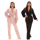Sequin Deep V Neck Tie Up Jumpsuit GYOM-8794