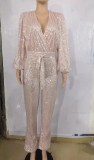 Sequin Deep V Neck Tie Up Jumpsuit GYOM-8794