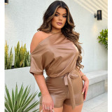 PU Leather Slash Shoulder Romper(With Belt) GYOM-8836