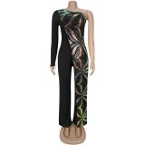 Single Shoulder Long Sleeve Sequin Jumpsuit BY-7301