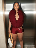 Fur Deep V Neck Halterneck Romper CH-25026