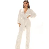 Sequin Deep V Neck Tie Up Jumpsuit GYOM-8794