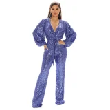 Sequin Deep V Neck Tie Up Jumpsuit GYOM-8794
