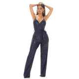 Sequin Sling V Neck Tie Up Jumpsuit GYOM-8817