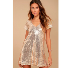 V Neck Short Sleeve Sequin Casual Dress GYOM-8885