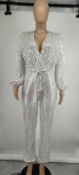 Sequin Deep V Neck Tie Up Jumpsuit GYOM-8794