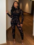 Fashion Sexy Long Sleeve Hollow Out Tight Jumpsuits GQNF-Y00535QL