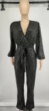 Sequin Deep V Neck Tie Up Jumpsuit GYOM-8794