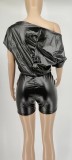 PU Leather Slash Shoulder Romper(With Belt) GYOM-8836