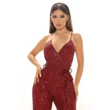 Sequin Sling V Neck Tie Up Jumpsuit GYOM-8817