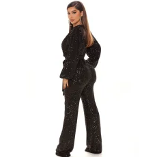 Sequin Deep V Neck Tie Up Jumpsuit GYOM-8794