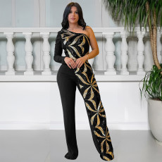 Single Shoulder Long Sleeve Sequin Jumpsuit BY-7301