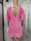 Plus Size V Neck Backless Sequin Mini Dress GYOM-8921