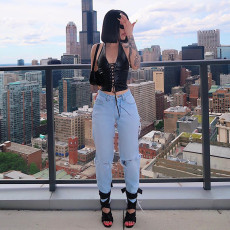 Sexy Halter-Neck Strappy Leather Vest GYOM-8701