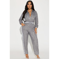Long Sleeve Zipper Sequin Jumpsuit GYOM-8931