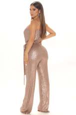Sequin Sling V Neck Tie Up Jumpsuit GYOM-8817