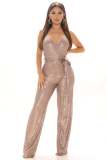 Sequin Sling V Neck Tie Up Jumpsuit GYOM-8817