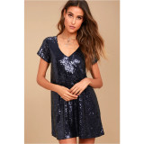 V Neck Short Sleeve Sequin Casual Dress GYOM-8885
