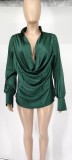 Long Sleeve Deep V-neck Satin Blouse GYOM-8793