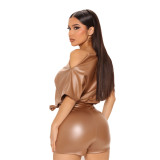 PU Leather Slash Shoulder Romper(With Belt) GYOM-8836