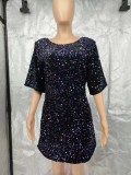 Plus Size V Neck Backless Sequin Mini Dress GYOM-8921