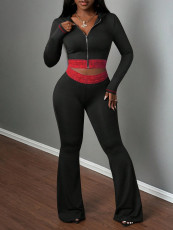 Lace Patchwork Zipper Hooded Two Piece Pants Set YWXS-K25L1168