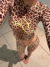 Leopard Print Long Sleeve Tops Seven-Tenths Pants Suit  YWXS-XS-45632