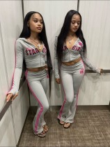 Letter Print Stripe Patchwork Hooded Pants Suit YWXS-K25L1645