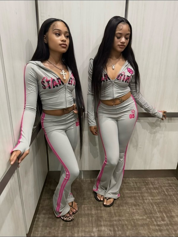 Letter Print Stripe Patchwork Hooded Pants Suit YWXS-K25L1645