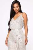 Sequin Sling V Neck Tie Up Jumpsuit GYOM-8817