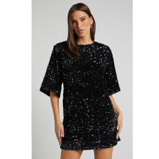 Plus Size V Neck Backless Sequin Mini Dress GYOM-8921