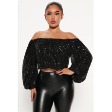 Sequin Off Shoulder Lantern Long Sleeve Top GYOM-8883