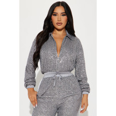 Long Sleeve Zipper Sequin Jumpsuit GYOM-8931