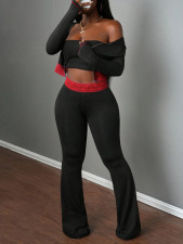 Lace Patchwork Zipper Hooded Two Piece Pants Set YWXS-K25L1168