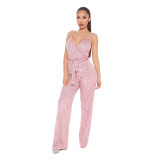 Sequin Sling V Neck Tie Up Jumpsuit GYOM-8817