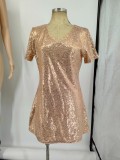 V Neck Short Sleeve Sequin Casual Dress GYOM-8885